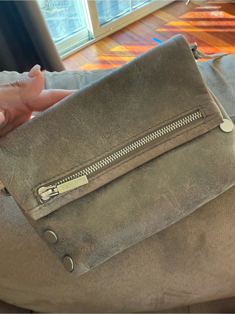 Gray Suede Fold-Over Crossbody Clutch